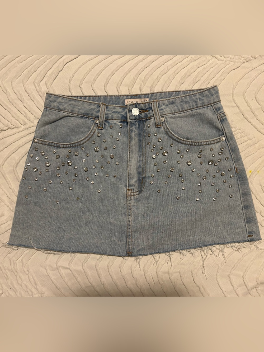 Sincerely Jules Light Blue Denim Mini Skirt with Crystal Studs